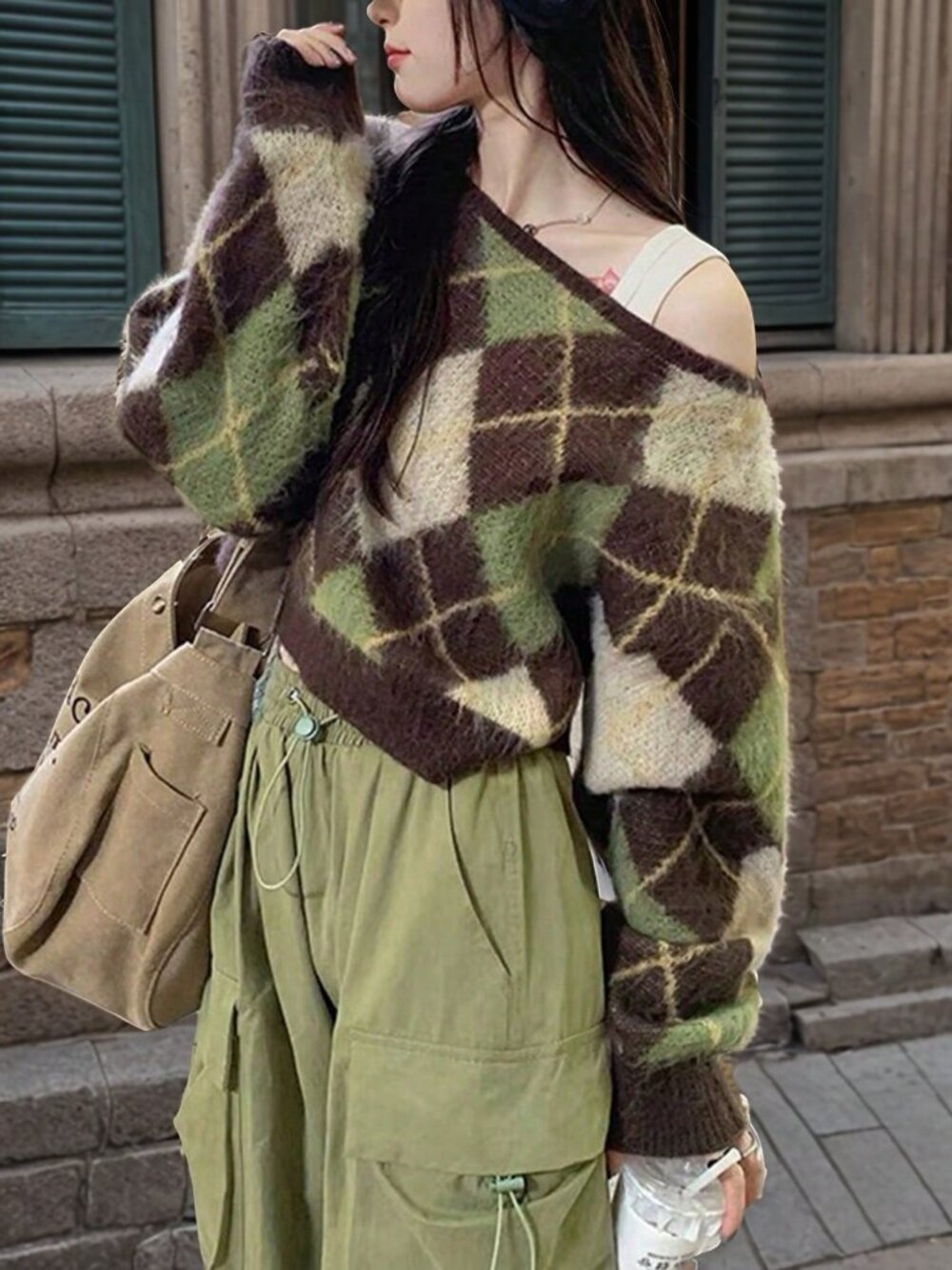 Green Casual Women's Loose Plaid Boat Neck Drop Sleeve Pullover